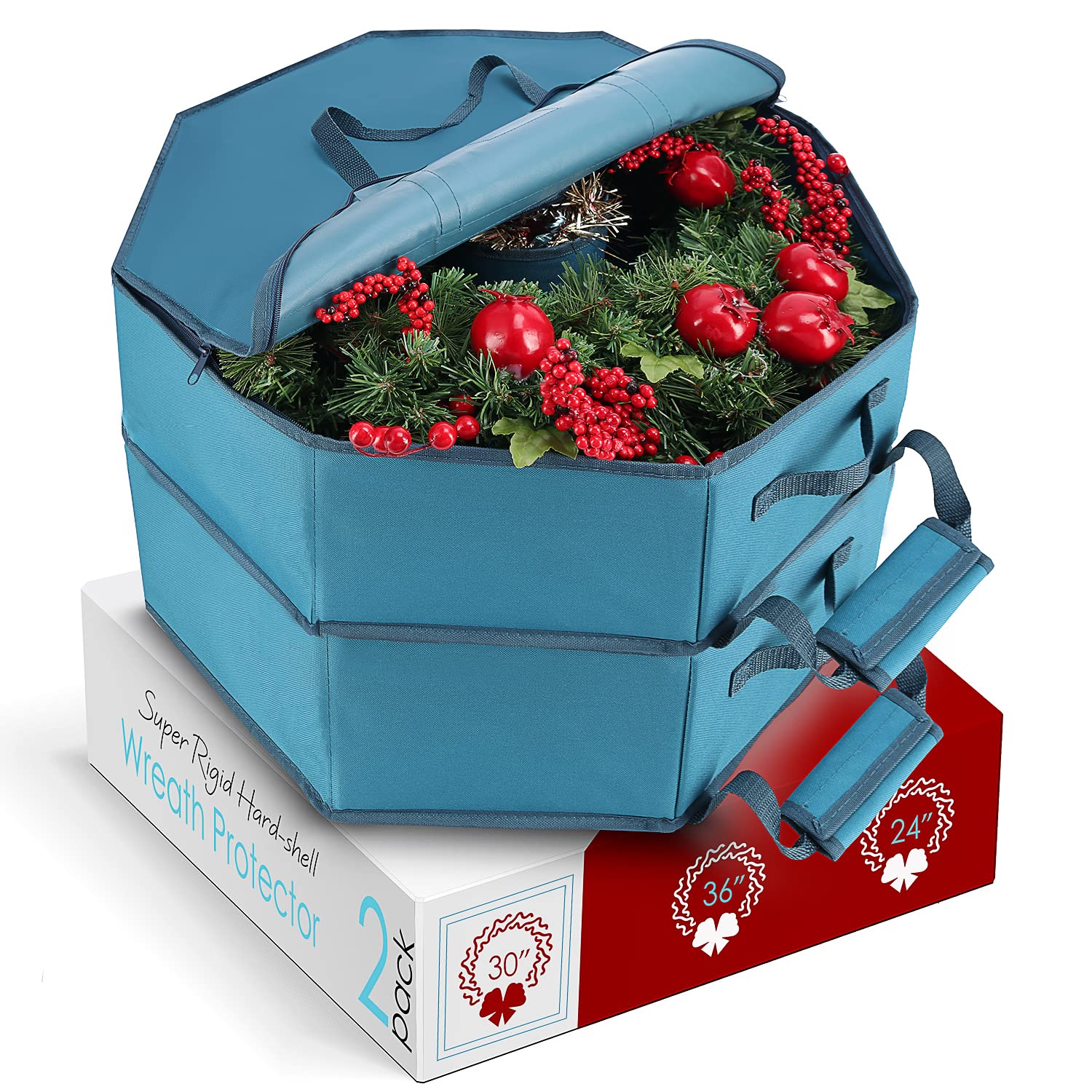 Hearth & Harbor Container-Hard Shell Christmas Bag with Interior Pockets, Dual Zipper and Handles-Premium Wreath Storage Organizer Box, 30", Blue