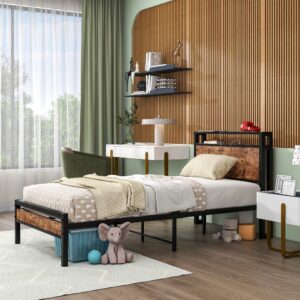 HOJINLINERO Twin Bed Frame with Storage Headboard/USB Charging Station,Single Platform Bed Frame Twin Size No Box Spring Needed,Strong Steel Slats Support,Bedroom Furniture,Rustic Brown