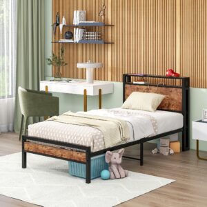 HOJINLINERO Twin Bed Frame with Storage Headboard/USB Charging Station,Single Platform Bed Frame Twin Size No Box Spring Needed,Strong Steel Slats Support,Bedroom Furniture,Rustic Brown