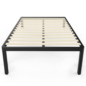 maf metal 18 inch queen platform bed frame with anti-collision round legs, black 3500 lbs heavy duty bed frame with wood slats, no box spring needed, easy assembly