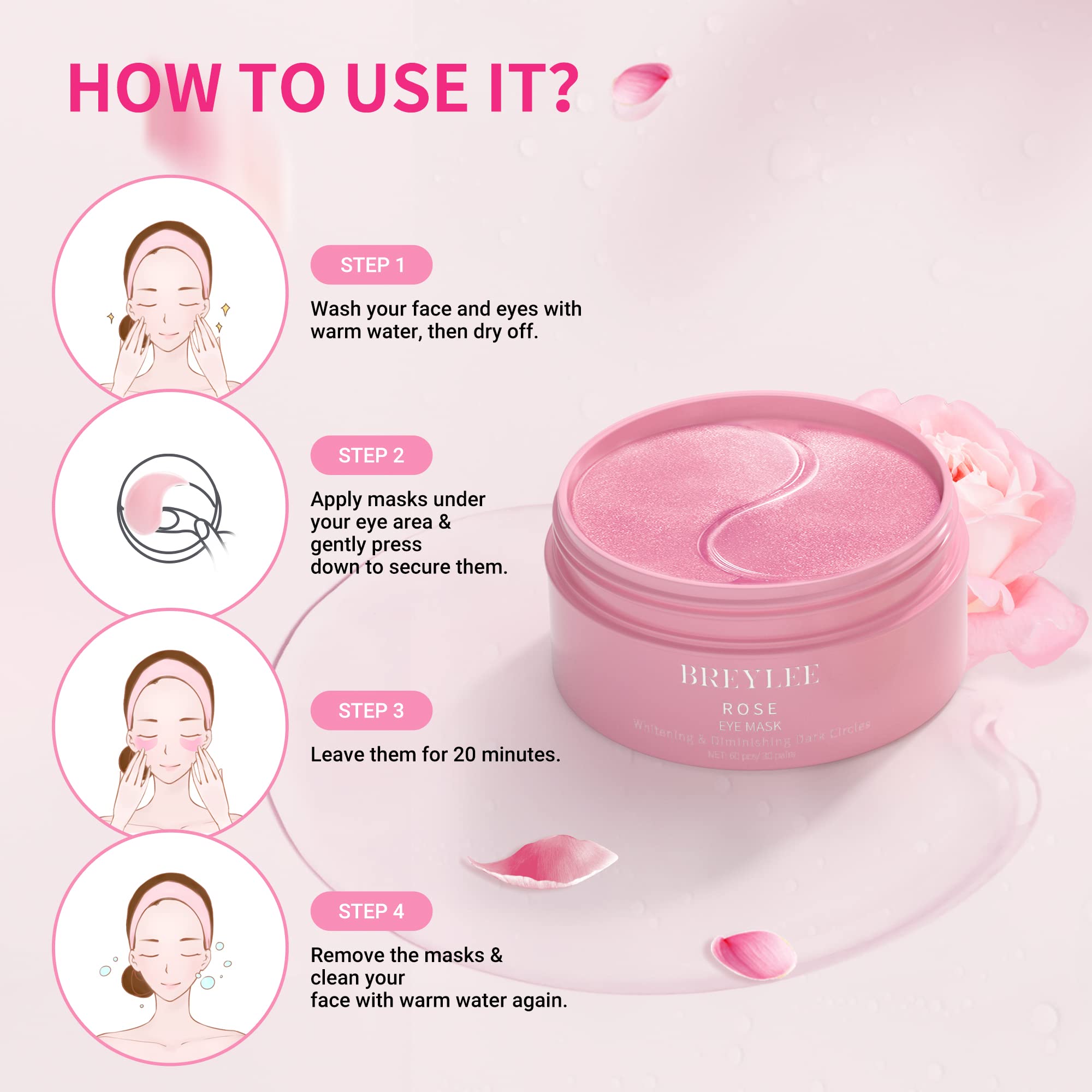 BREYLEE Rose Eye Mask - 60 Pcs Under Eye Treatment for Puffy Eyes, Wrinkles, Dark Circles and Fine Lines (Rose)