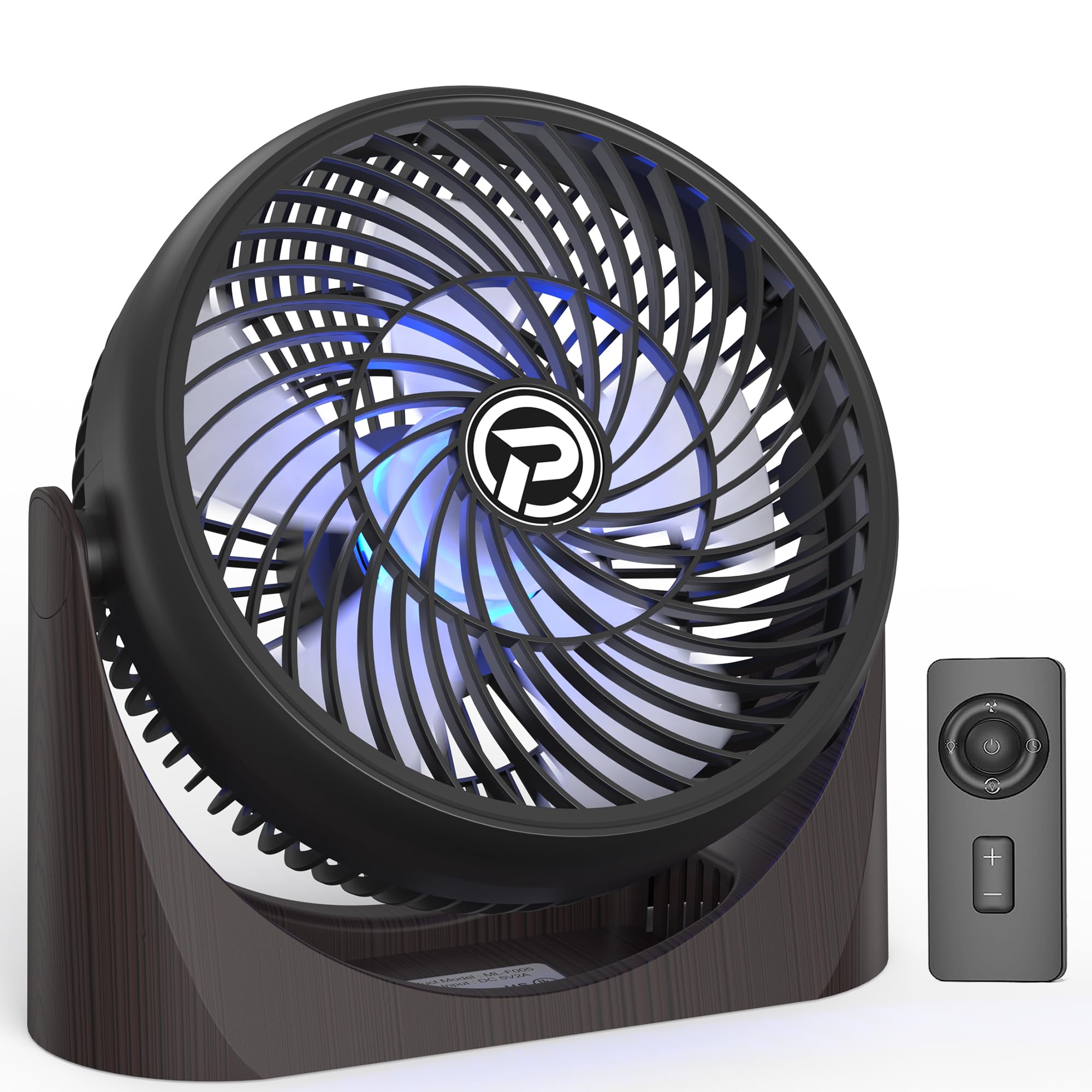 PELANZENHAU 8 inch Table Fan with Remote, USB Powered Desk Fan with RGB Light & Timer, 3 Strong Speeds & 360° Pivot Adjustable, Desktop Air Circulator Fan for Home Office Dorm RV Bedroom Travel