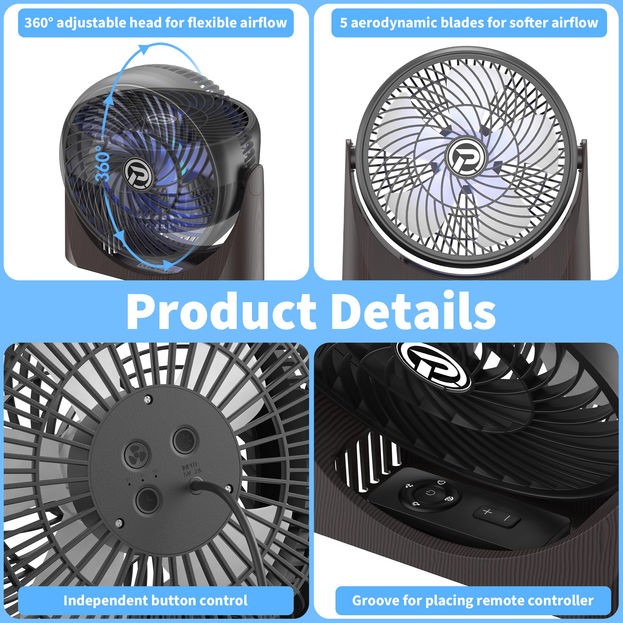 PELANZENHAU 8 inch Table Fan with Remote, USB Powered Desk Fan with RGB Light & Timer, 3 Strong Speeds & 360° Pivot Adjustable, Desktop Air Circulator Fan for Home Office Dorm RV Bedroom Travel