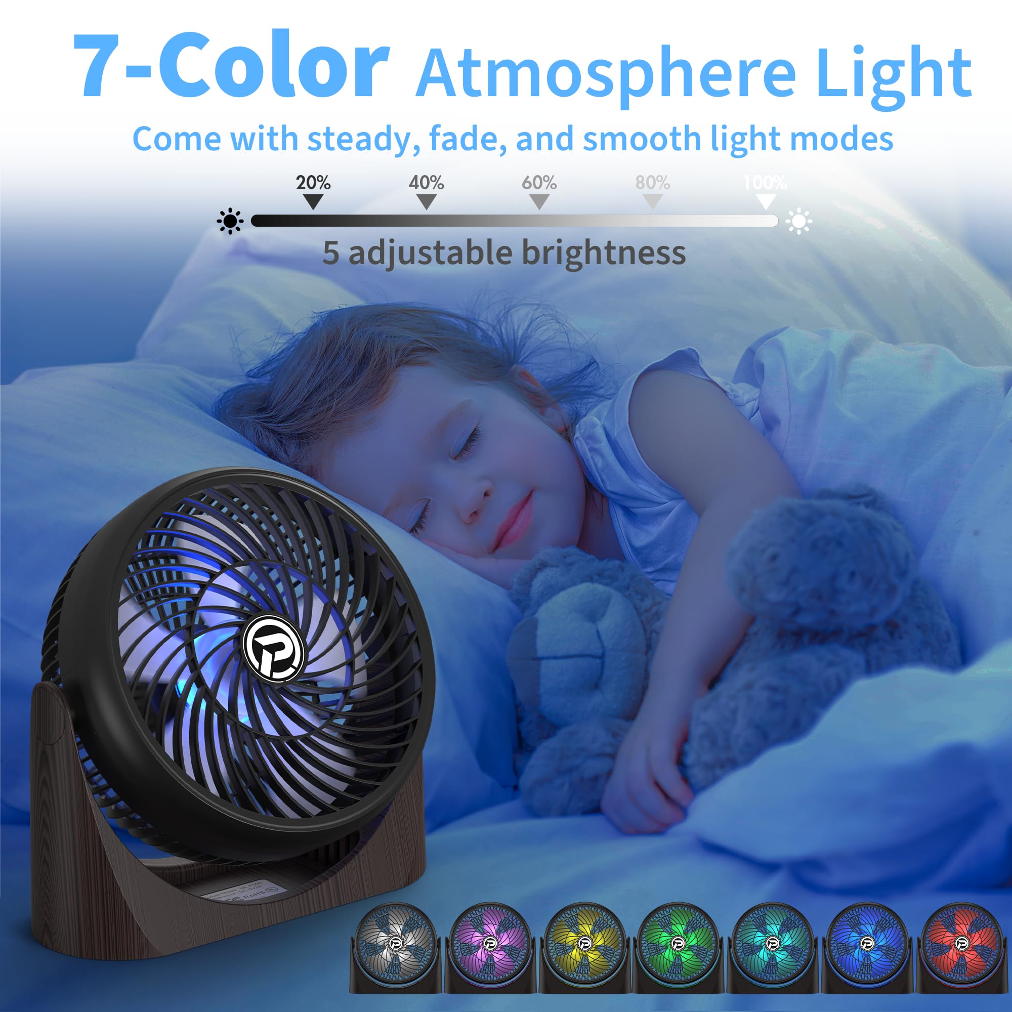 PELANZENHAU 8 inch Table Fan with Remote, USB Powered Desk Fan with RGB Light & Timer, 3 Strong Speeds & 360° Pivot Adjustable, Desktop Air Circulator Fan for Home Office Dorm RV Bedroom Travel