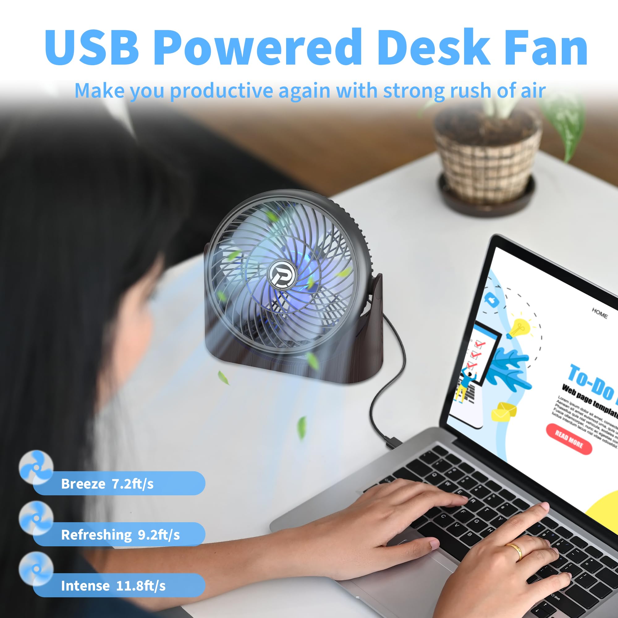 PELANZENHAU 8 inch Table Fan with Remote, USB Powered Desk Fan with RGB Light & Timer, 3 Strong Speeds & 360° Pivot Adjustable, Desktop Air Circulator Fan for Home Office Dorm RV Bedroom Travel