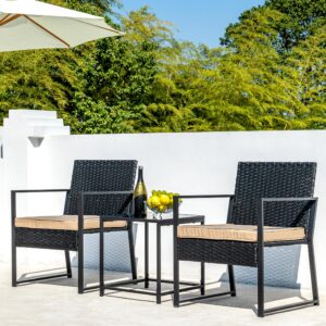 Aug-guan Patio Furniture Set,Wicker Bistro Set 3 Pieces Outdoor Furniture,Rattan Table and Patio Chairs Set for Balcony,Yard,Porch and Deck（Khaki