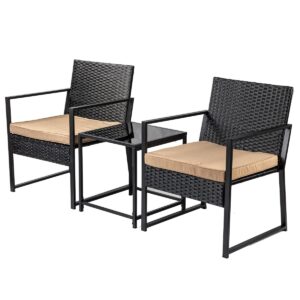 Aug-guan Patio Furniture Set,Wicker Bistro Set 3 Pieces Outdoor Furniture,Rattan Table and Patio Chairs Set for Balcony,Yard,Porch and Deck（Khaki