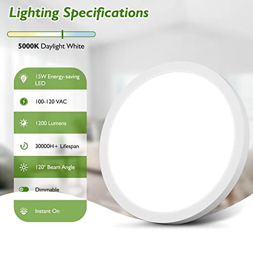 LED Flush Mount Ceiling Light Fixture, 100W Equivalent Modern Kitchen Recessed Ceiling Lamp 5000K Daylight White 15W 1200Lm 7 Inch Closet Round Surface Mount for Bathroom Laundry Bedroom Hallway