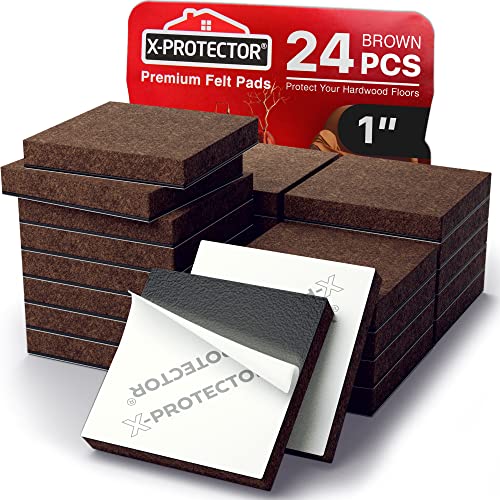 24 Heavy-Duty Felt Furniture Pads 1” 1/4” Thick X-Protector! Square Felt Pads for Furniture Feet - The Best Felt Floor Protectors for Furniture to Prevent Scratches. Protect Your Hard Floor! (Brown)