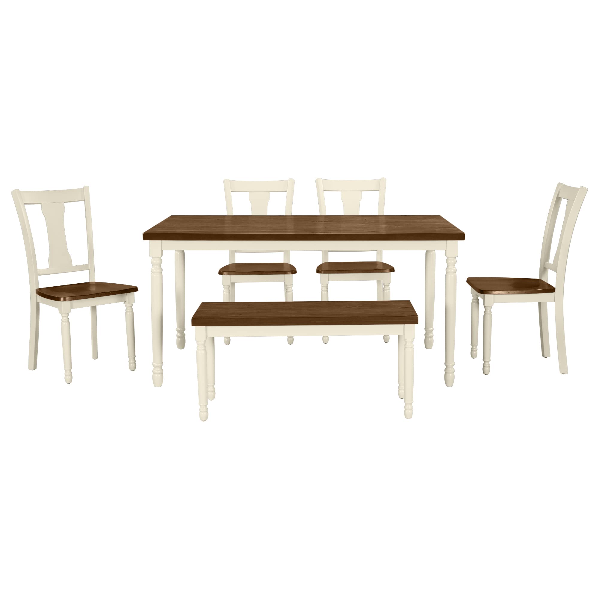 Harper & Bright Designs Classic 6 Piece Kitchen Dining Table Set, Wooden Rectangular Table with 4 Chairs and 1 Bench for Kitchen Dining Room, Home Furniture (Brown+Cottage White)