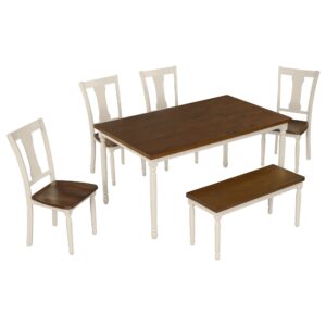 Harper & Bright Designs Classic 6 Piece Kitchen Dining Table Set, Wooden Rectangular Table with 4 Chairs and 1 Bench for Kitchen Dining Room, Home Furniture (Brown+Cottage White)