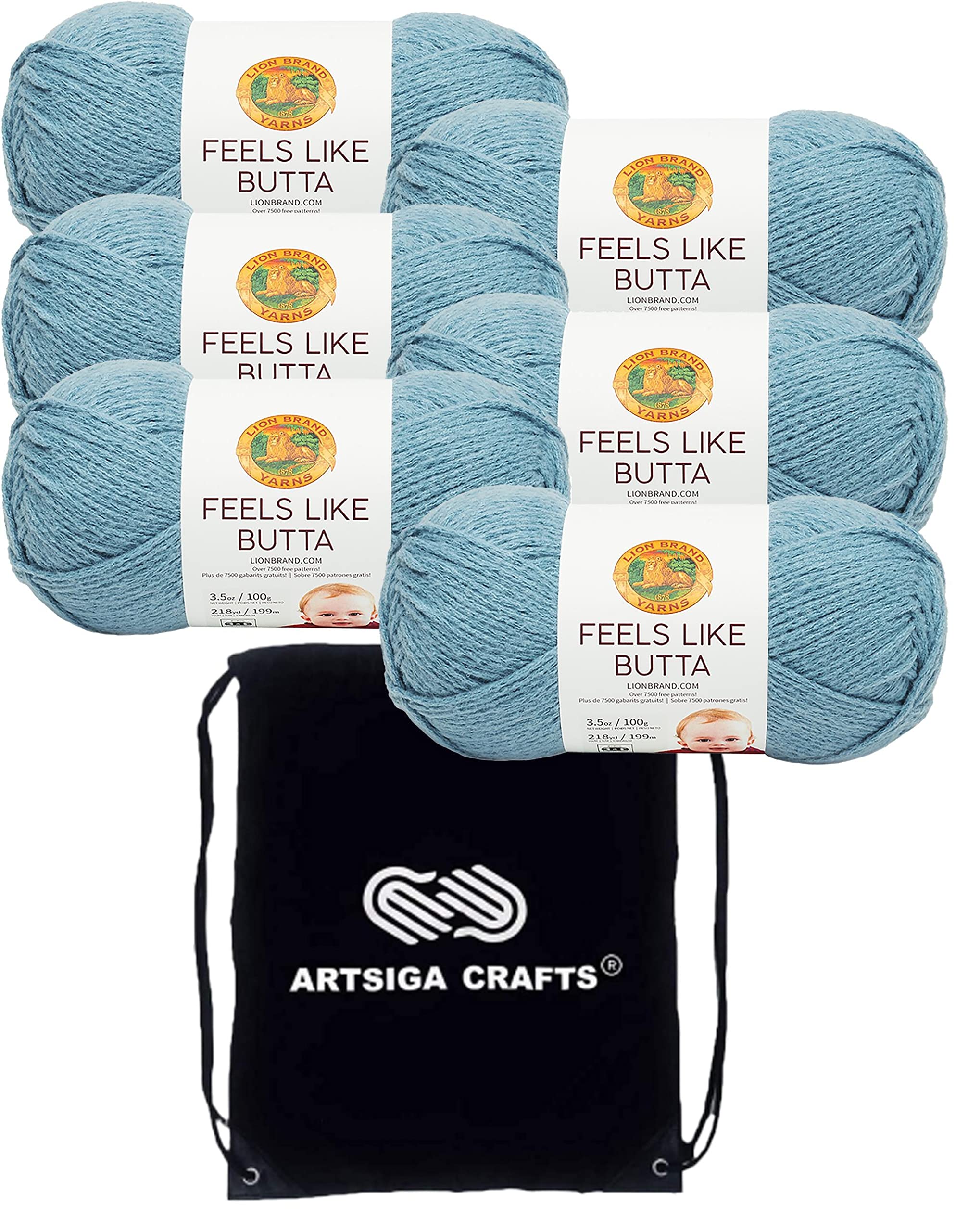 Lion Brand Feels Like Butta Dusty Blue 215-108 (6-Skeins - Same Dye Lot) Worsted Medium #4 Polyester Yarn for Crocheting and Knitting - Bundle with 1 Artsiga Crafts Project Bag