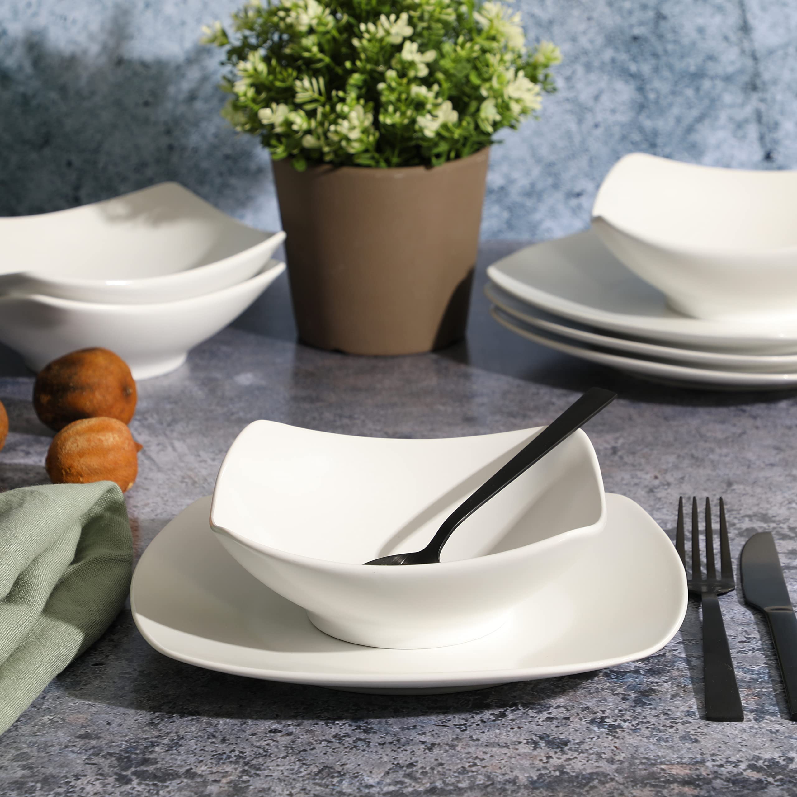 Gibson Home Zen Buffet Matte Porcelain Chip and Scratch Resistant Plates and Bowls Dinnerware Set - White, Service for 4 (8pcs)