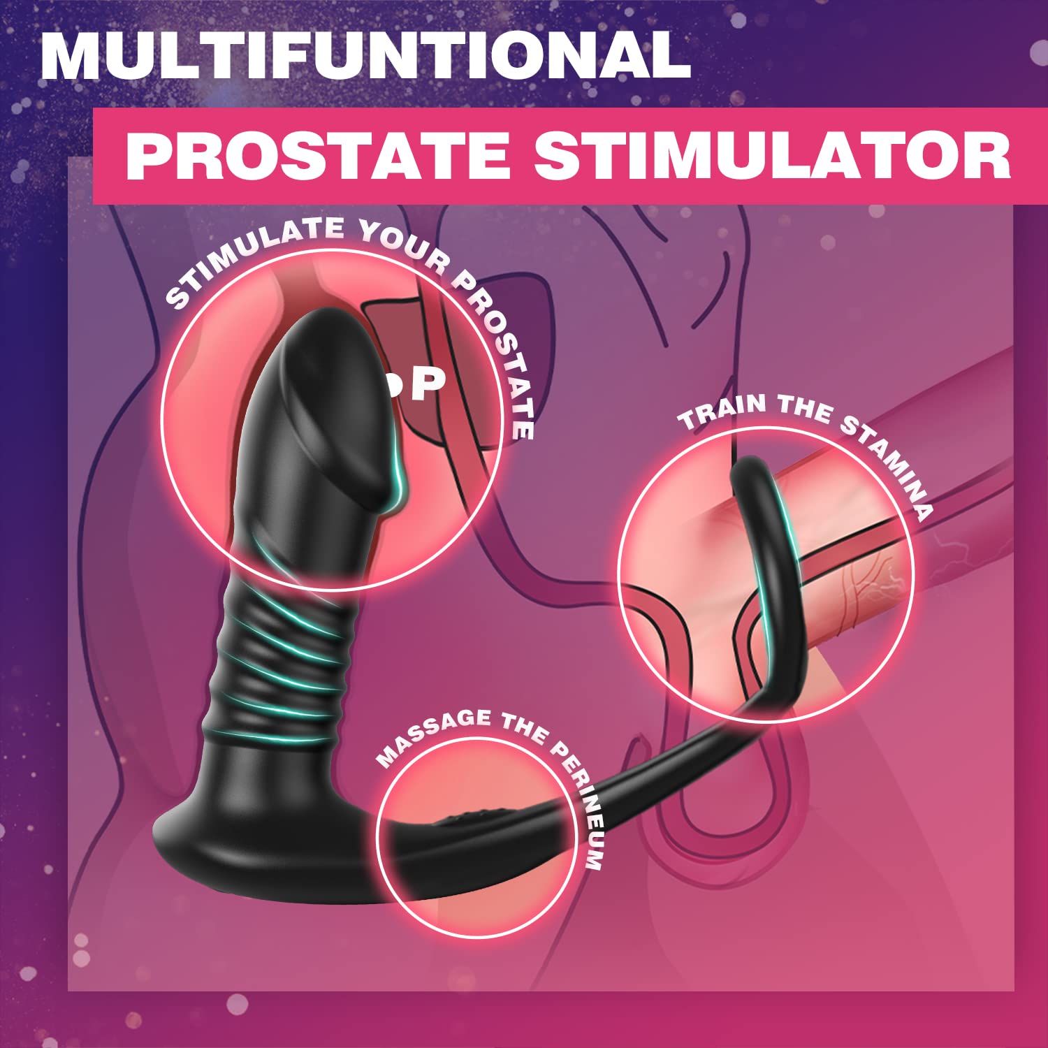 Thrusting Anal Vibrator with Thick Penis Ring, 3*10 Vibrating&Telescopic Prostate Massager Dildo Shaped Anal Plug, TIVINO Silicone Male Sex Toys Gay Toy for Men Masturbation and Foreplay