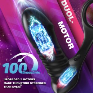 Thrusting Anal Vibrator with Thick Penis Ring, 3*10 Vibrating&Telescopic Prostate Massager Dildo Shaped Anal Plug, TIVINO Silicone Male Sex Toys Gay Toy for Men Masturbation and Foreplay