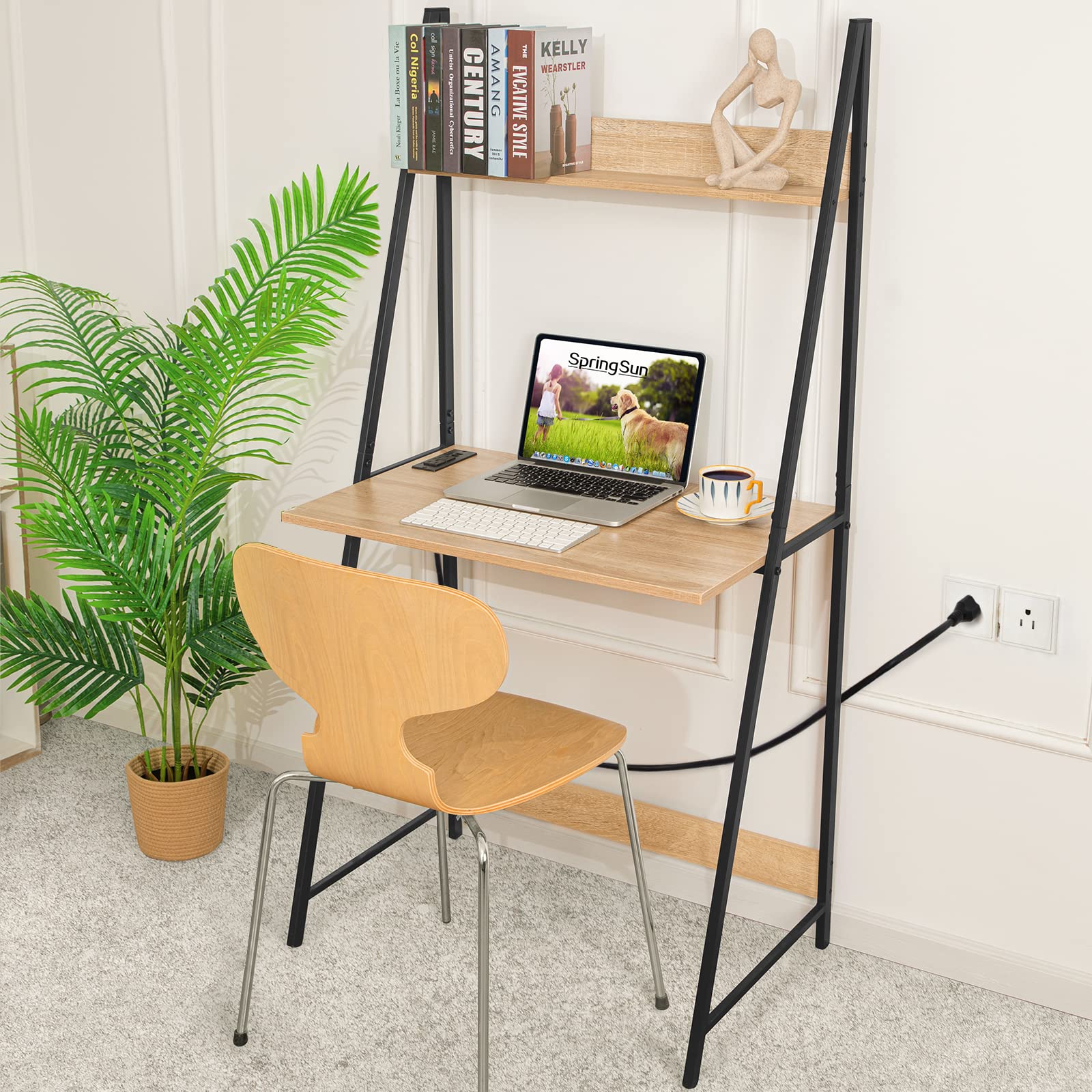 SpringSun Computer Desk with Power Outlet 2-Tier Ladder Computer Table with Storage Bookshelf, USB Charging Ports Modern Writting Table for Office and Home