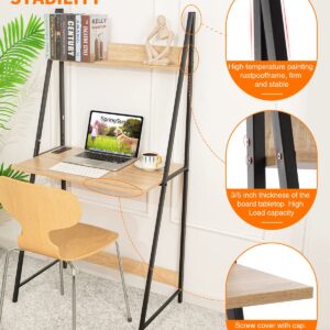 SpringSun Computer Desk with Power Outlet 2-Tier Ladder Computer Table with Storage Bookshelf, USB Charging Ports Modern Writting Table for Office and Home