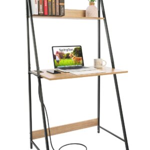 SpringSun Computer Desk with Power Outlet 2-Tier Ladder Computer Table with Storage Bookshelf, USB Charging Ports Modern Writting Table for Office and Home