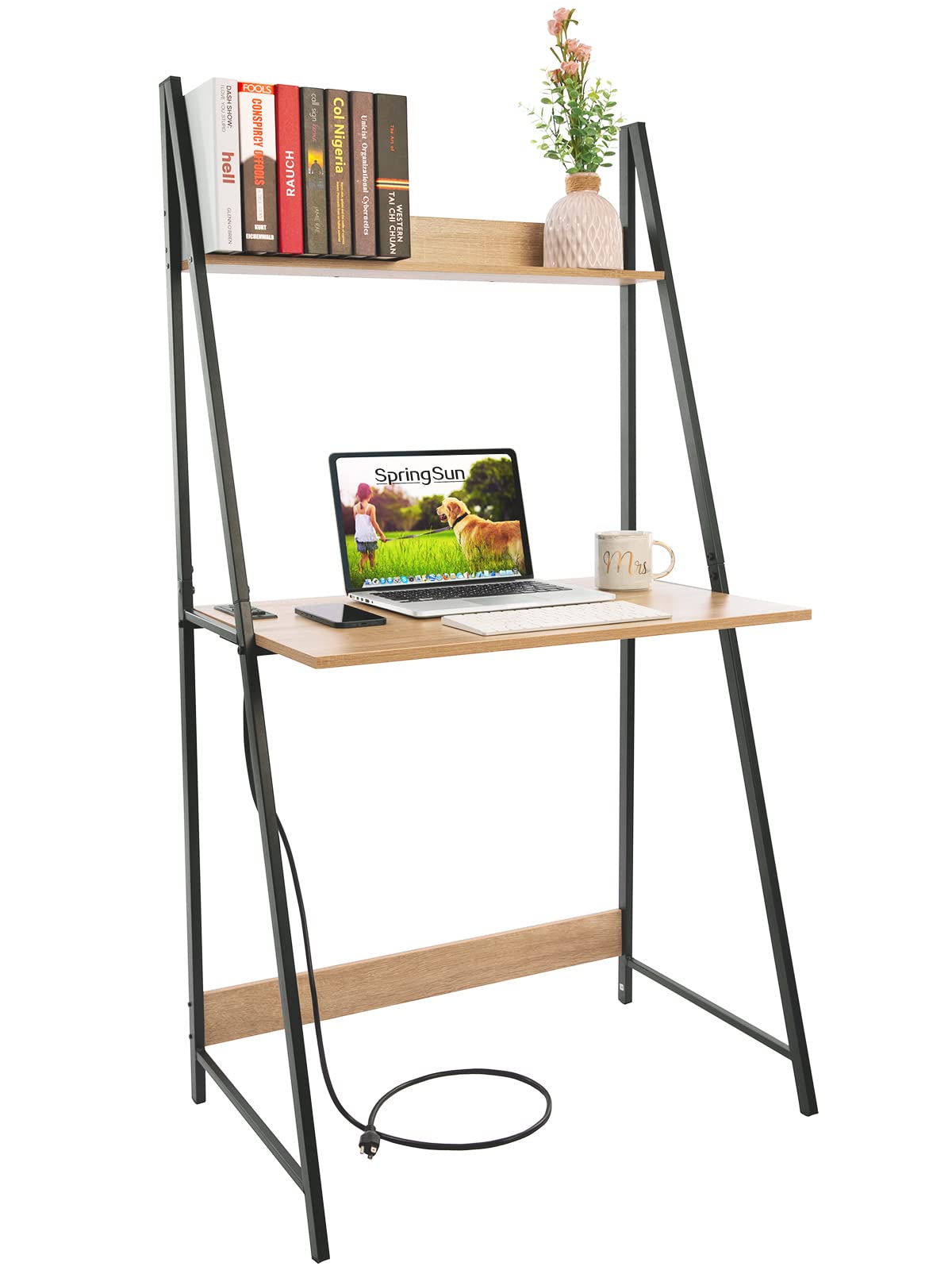 SpringSun Computer Desk with Power Outlet 2-Tier Ladder Computer Table with Storage Bookshelf, USB Charging Ports Modern Writting Table for Office and Home