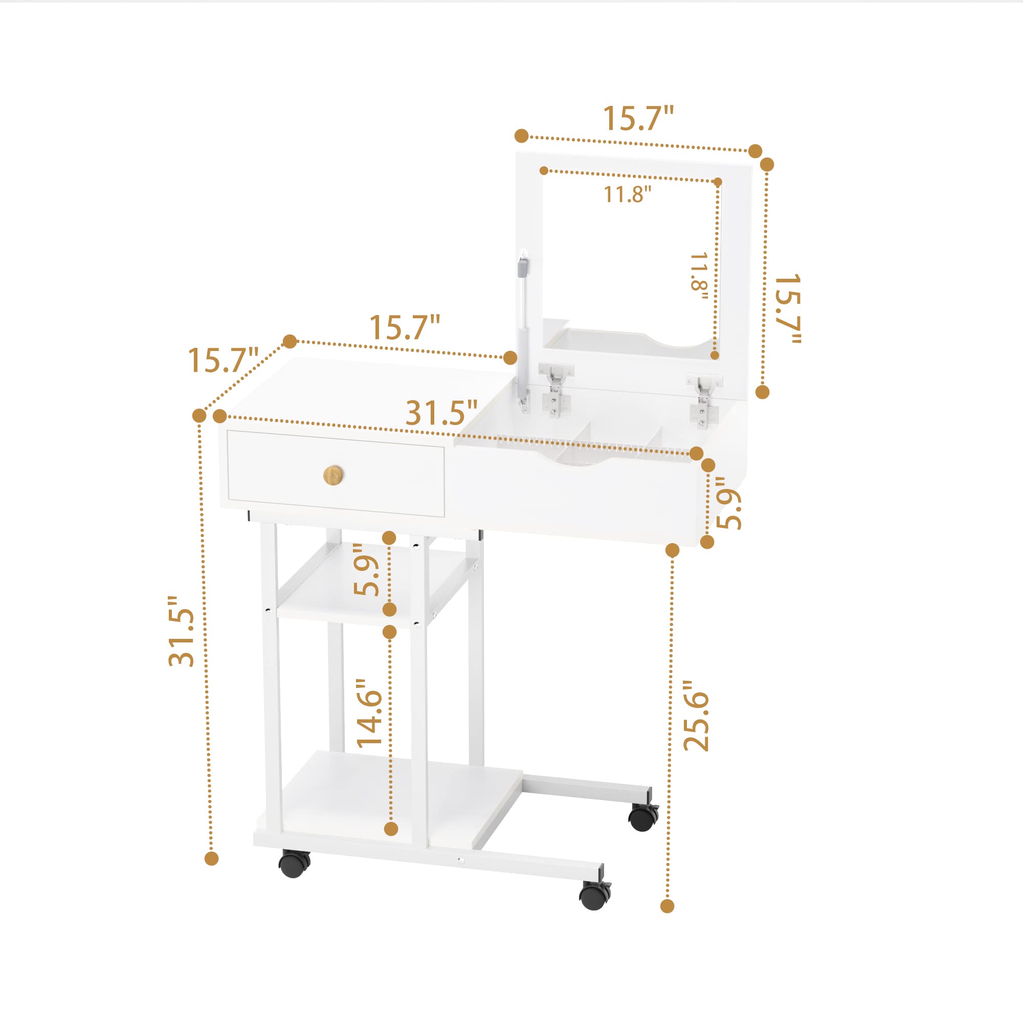 Elephance Moveable Vanity Desk with Mirror for Small Spaces, Makeup Dressing Table Computer Desk with Drawers and Shelves for Bedroom