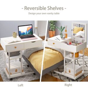 Elephance Moveable Vanity Desk with Mirror for Small Spaces, Makeup Dressing Table Computer Desk with Drawers and Shelves for Bedroom