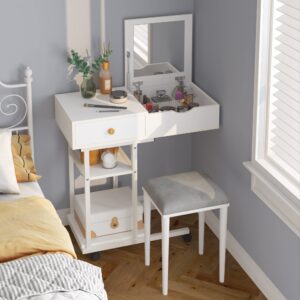 Elephance Moveable Vanity Desk with Mirror for Small Spaces, Makeup Dressing Table Computer Desk with Drawers and Shelves for Bedroom