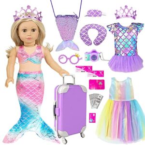 Mermaid 18 inch Doll Clothes and Doll Accessories Case Luggage Travel Play Set Include Suitcase, Dresses, Bag, Camera, Glasses, Pillow, Eyeshade Etc (No Doll)