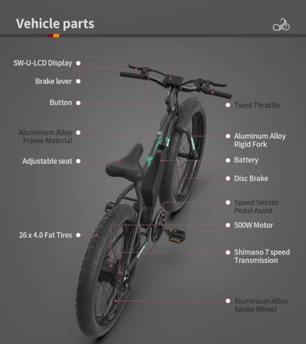 aostirmotor 500W Electric Bike for Adults 26"×4" Fat Tire Electric Bike 36V 13AH Removable Lithium Battery Adult Electric Bicycles, 28MPH E Bike for Adults, Shimano 7 Speed Electric Mountain Bike