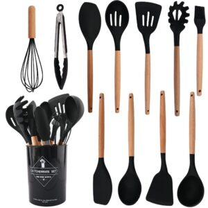 briiec 11pcs black silicone cooking utensil set with holder storage bucket, nonstick wooden handle silicone kitchen gadgets utensils set spatula sets