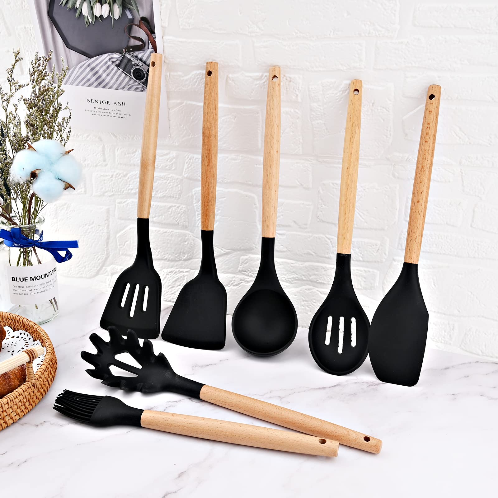 BRIIEC 11pcs Black Silicone Cooking Utensil Set with Holder Storage Bucket, Nonstick Wooden Handle Silicone Kitchen Gadgets Utensils Set Spatula Sets