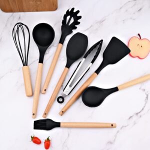 BRIIEC 11pcs Black Silicone Cooking Utensil Set with Holder Storage Bucket, Nonstick Wooden Handle Silicone Kitchen Gadgets Utensils Set Spatula Sets