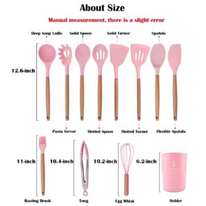 BRIIEC 11pcs Black Silicone Cooking Utensil Set with Holder Storage Bucket, Nonstick Wooden Handle Silicone Kitchen Gadgets Utensils Set Spatula Sets