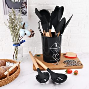 BRIIEC 11pcs Black Silicone Cooking Utensil Set with Holder Storage Bucket, Nonstick Wooden Handle Silicone Kitchen Gadgets Utensils Set Spatula Sets