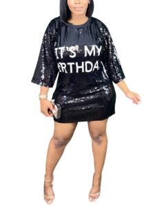 kirjaudu womens sparkly sequin shirt dress letter print 3/4 sleeve short dresses party clubwear black xxl