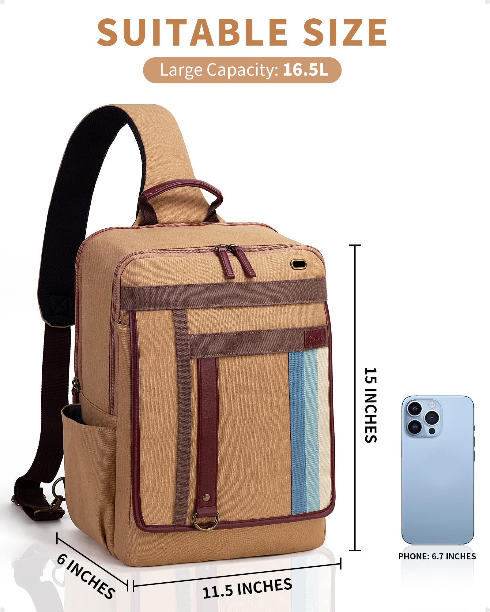 Celvetch Sling Bag for Men Women - Canvas Shoulder Bag Sling Backpack Laptop Messenger Bag for 15.6'' Crossbody Chest Bag Daypack for Travel - Coffee