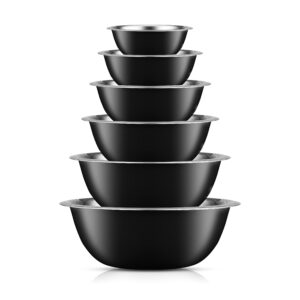 joyjolt stainless steel mixing bowl set of 6 mixing bowls (black). 5qt large mixing bowl to 0.5qt small metal bowl. kitchen, cooking and storage nesting bowls. dough, batter and baking bowls