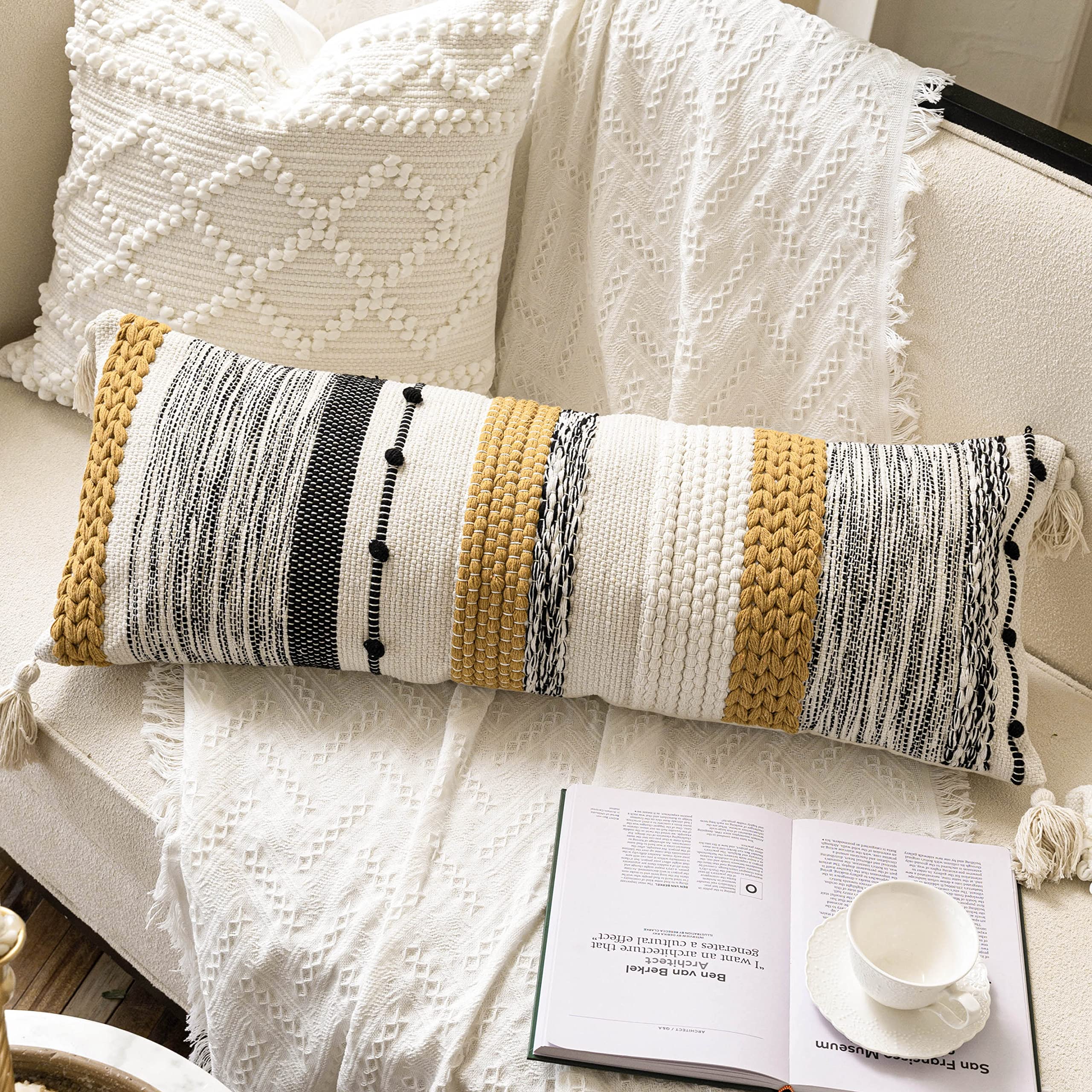 BlissBlush Decorative Lumbar Throw Pillow Cover 14x36 Boho Long Cushion for Bed Mustard Beige Accent Farmhouse Pillowcase for Bedroom Living Room Couch Sofa Home Décor COVER ONLY