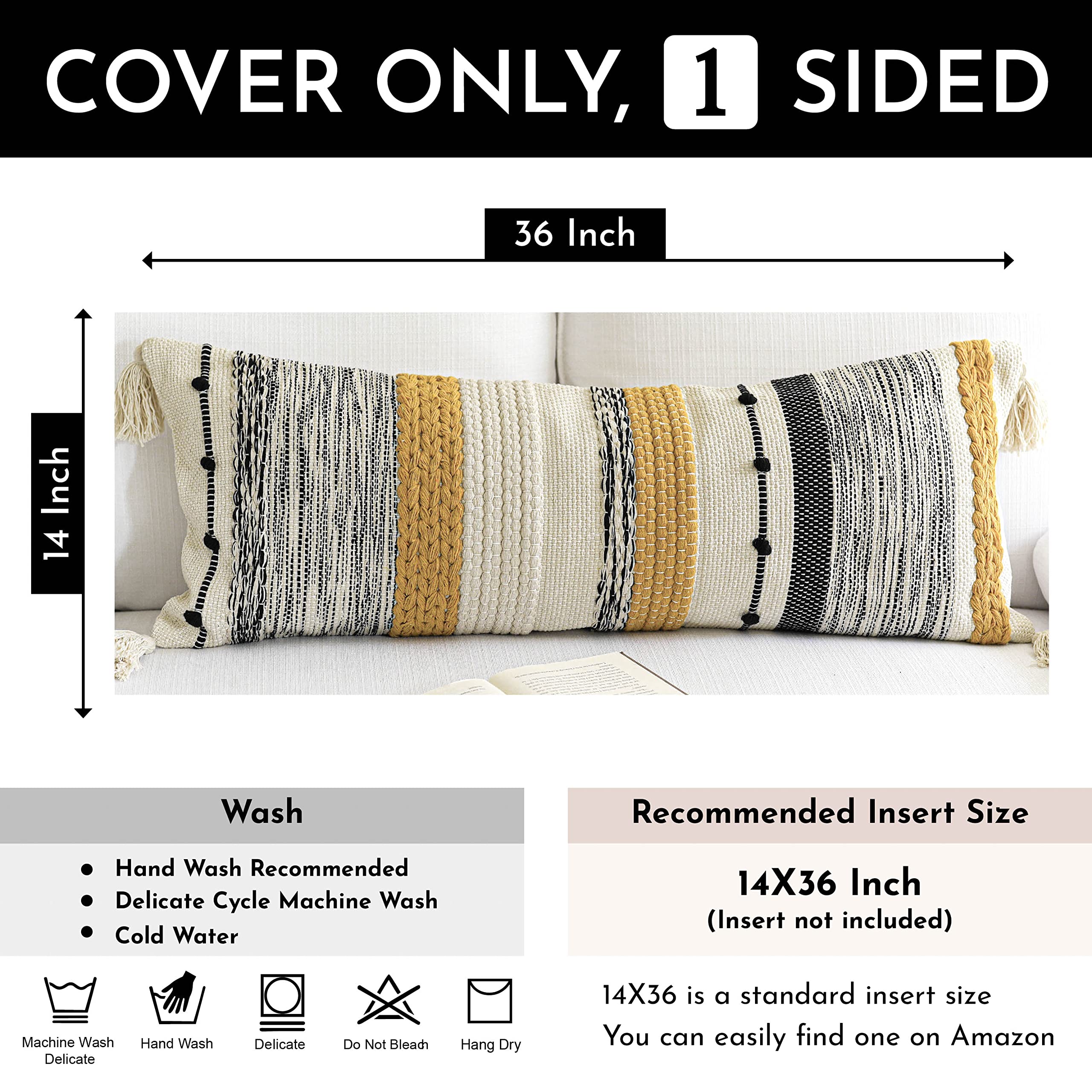 BlissBlush Decorative Lumbar Throw Pillow Cover 14x36 Boho Long Cushion for Bed Mustard Beige Accent Farmhouse Pillowcase for Bedroom Living Room Couch Sofa Home Décor COVER ONLY