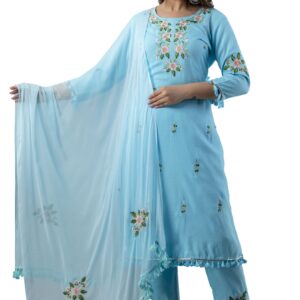 JG Women's Ethnic Wear Collection Rayon Straight Embridered Kurti & Pant Set With Dupatta Readymade Salwar Suit For Women Casual Wear(Blue-XX-Large Size)