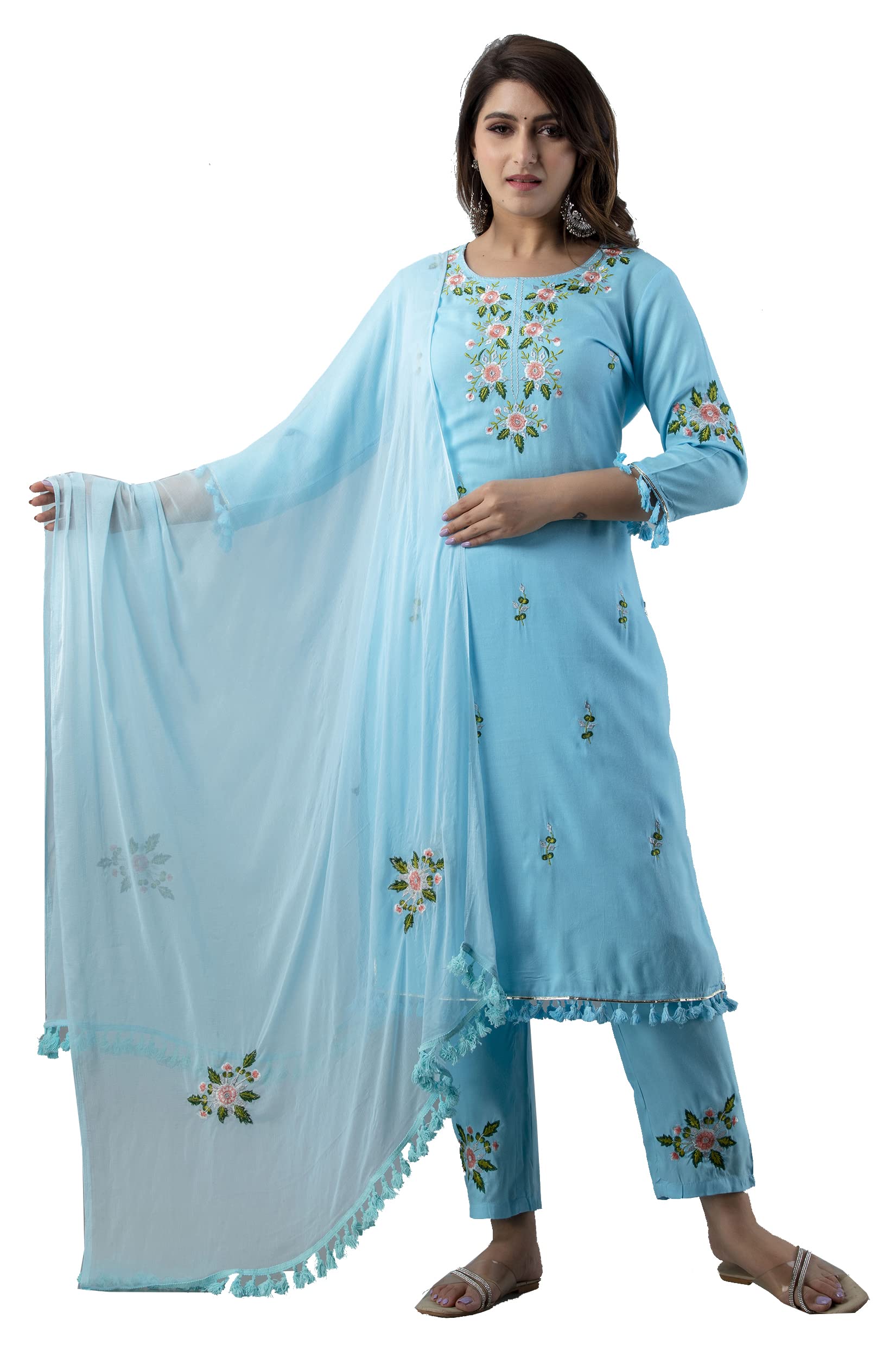 JG Women's Ethnic Wear Collection Rayon Straight Embridered Kurti & Pant Set With Dupatta Readymade Salwar Suit For Women Casual Wear(Blue-XX-Large Size)