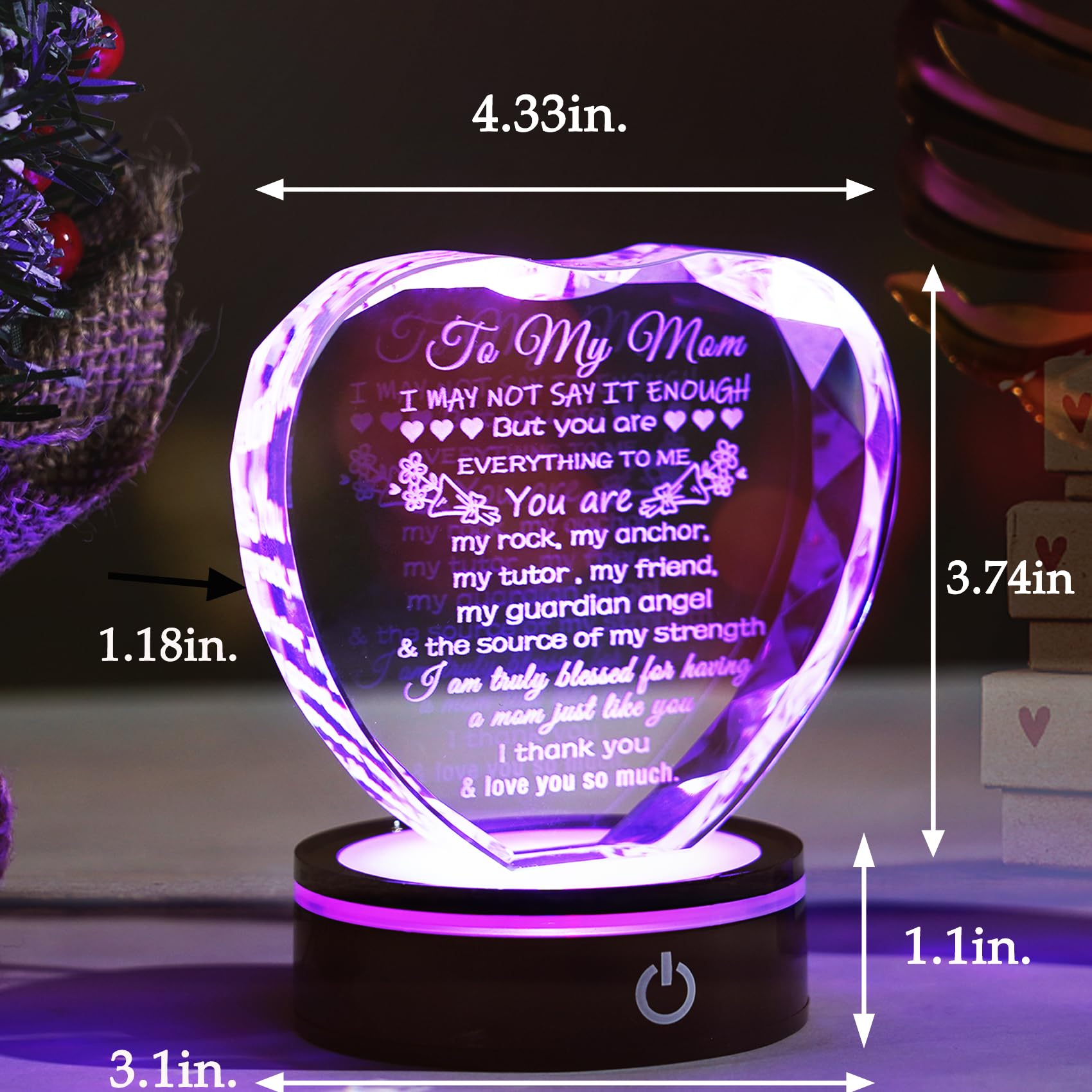 YWHL Gifts for Mom from Daughter Son Moms Birthday Gifts Unique Heart Crystal Gift for Mom with LED Base on Mother's Day Christmas Valentine's Day