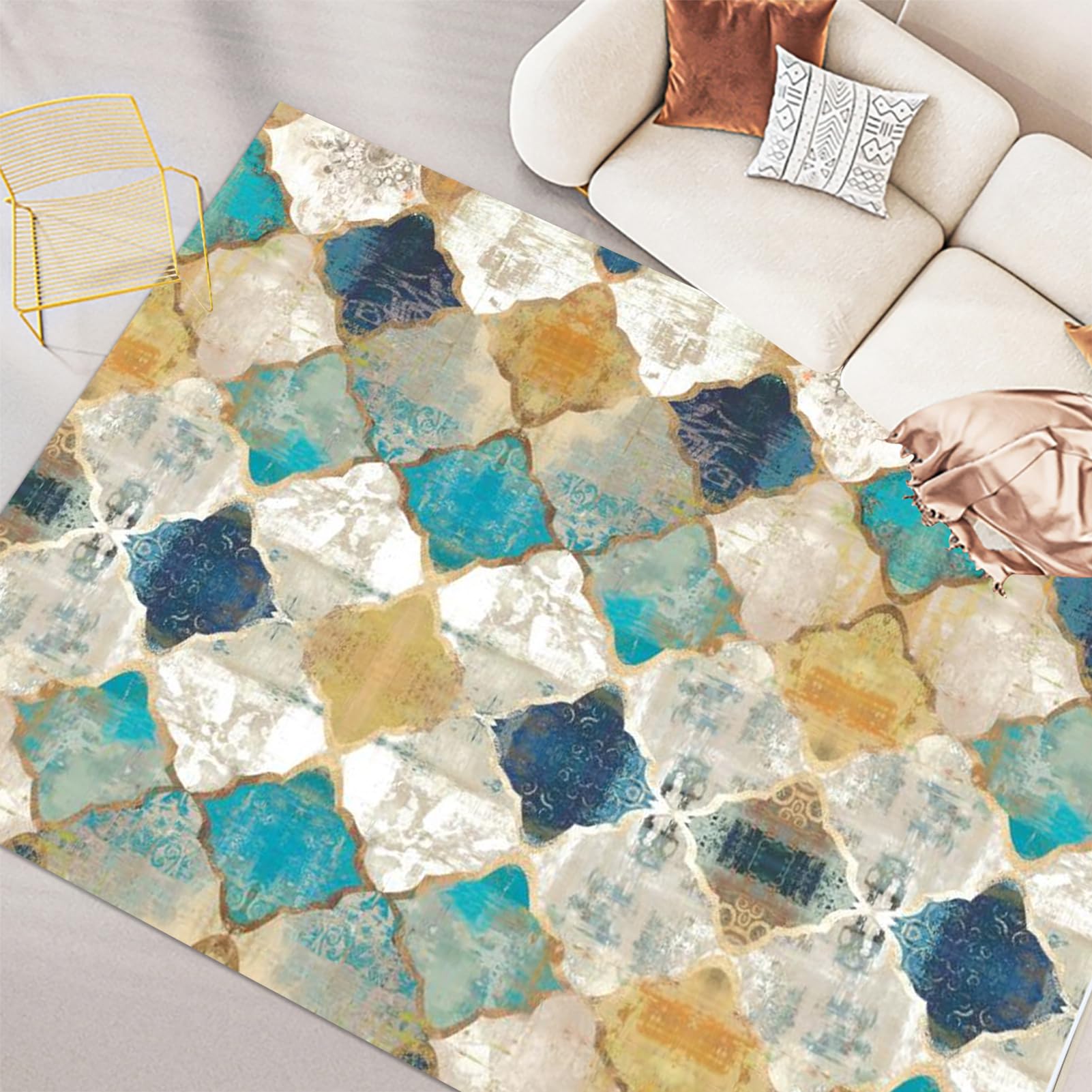 FINOREN Artistic Abstract Area Rug.Lattice-Lake Blue,5x7 Feet,Suitable for Bedroom,Living Room,Apartment,Machine Washable Non-slip Soft Modern Interior Rug,Smudge-proof,Non-shedding.