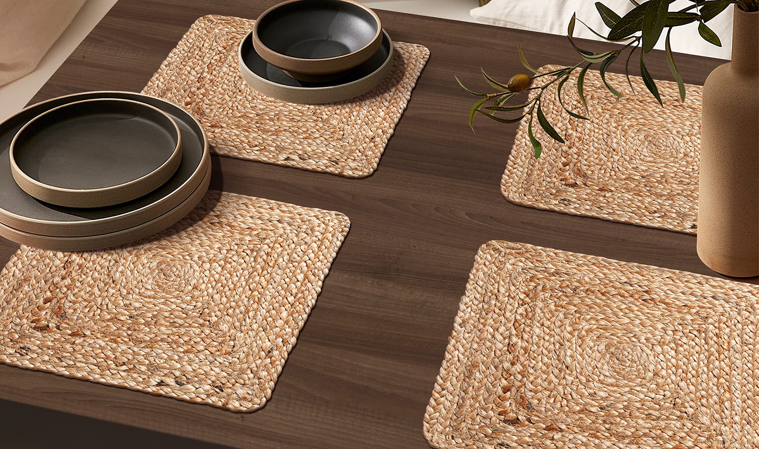 Jute Placemat,Placemat,Braided Placemats,Round Placemats Set of 4,100% Jute Braided Placemats Set of 4 Reversible (Natural 13x13 Square) Farmhouse Vintage Jute Placemats for Dining Table