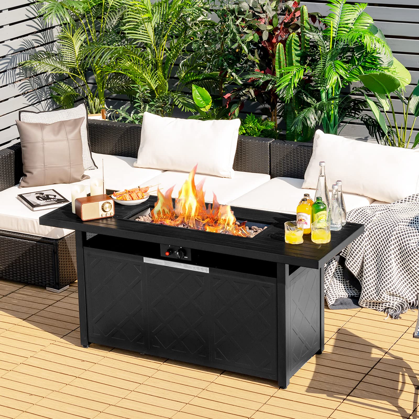 ORALNER Propane Fire Pit Table, 57” Rectangular Outdoor Fire Table 50,000 BTU Fire Pit w/Lid & Lava Rocks Auto Ignition Metal Patio Fireplace, Gas Firepit Table for Outside Yard Balcony Deck, Black