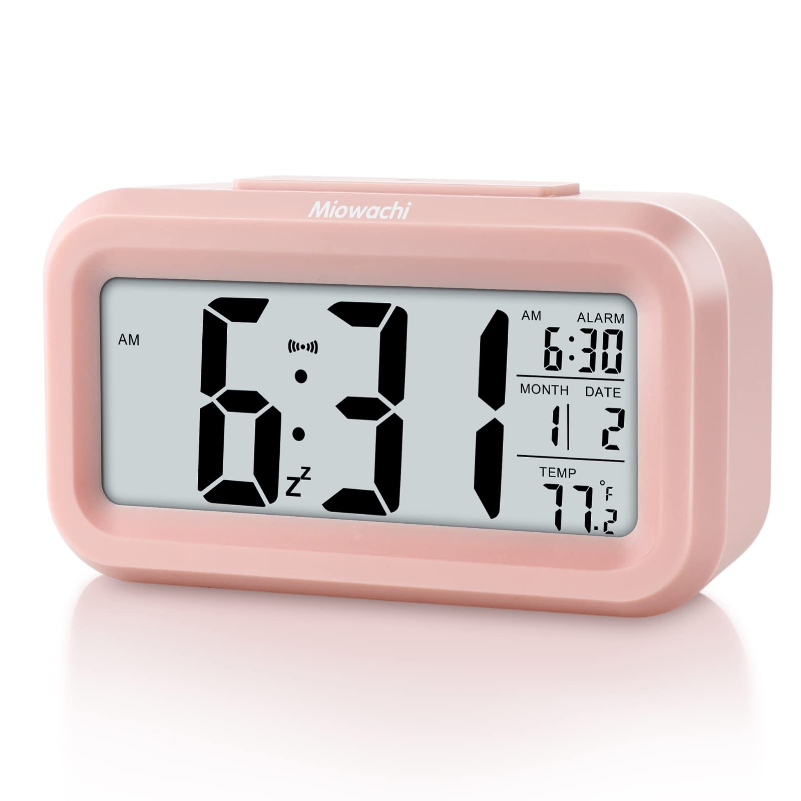 Miowachi Digital Alarm Clocks for Bedrooms Battery Operated,Snooze,Night Light Easy Setup Small Clock for Kids Pink