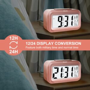 Miowachi Digital Alarm Clocks for Bedrooms Battery Operated,Snooze,Night Light Easy Setup Small Clock for Kids Pink