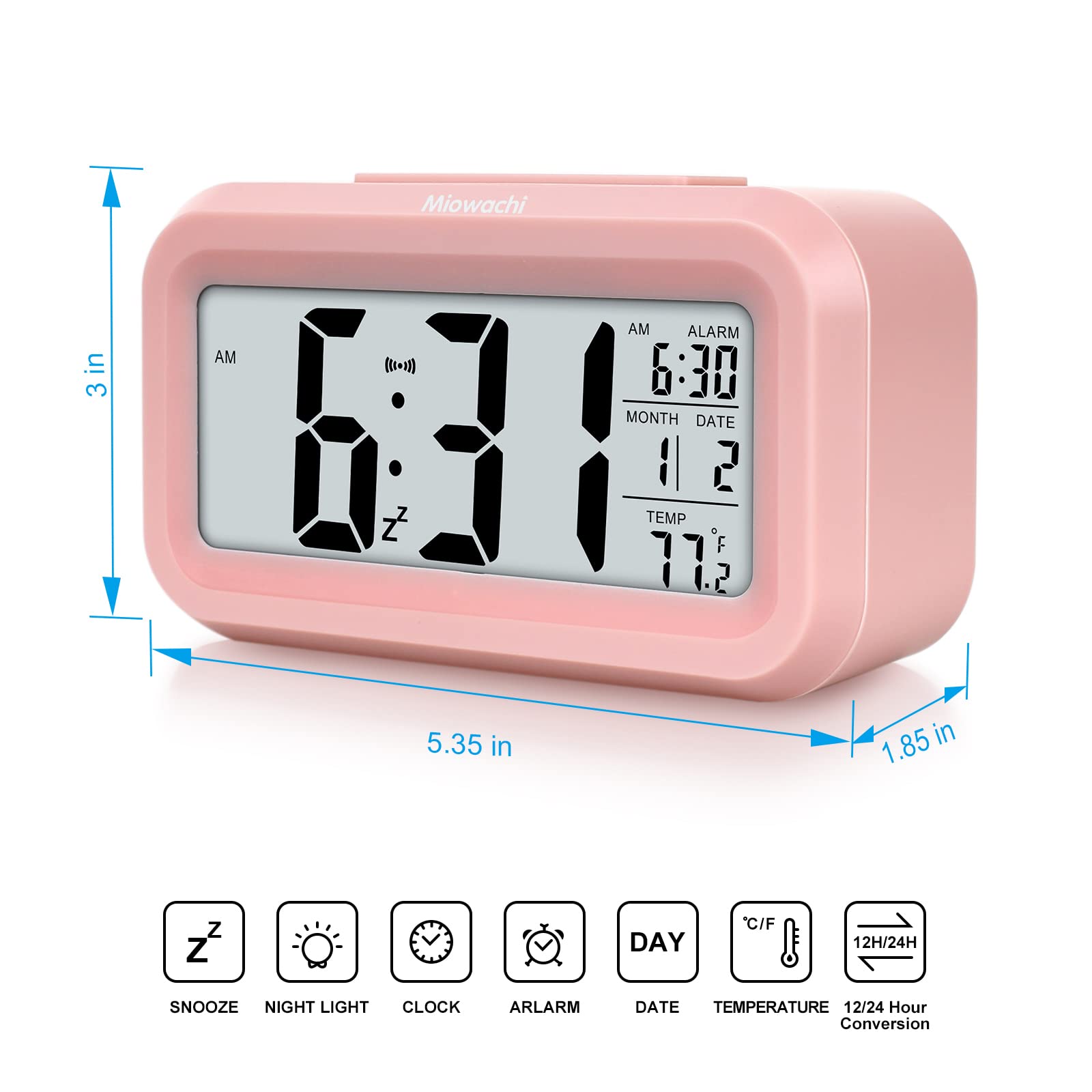 Miowachi Digital Alarm Clocks for Bedrooms Battery Operated,Snooze,Night Light Easy Setup Small Clock for Kids Pink