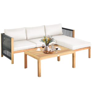 Tangkula L Shape Outdoor Furniture Set, 3 Piece Acacia Wood Patio Conversation Set, with 2 loveseats and Coffee Table, Garden Backyard Poolside Patio Seating Set (White)