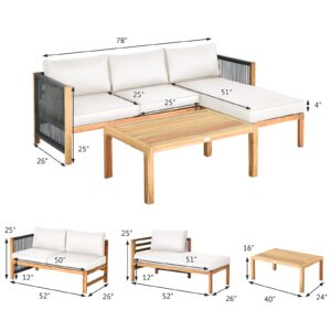 Tangkula L Shape Outdoor Furniture Set, 3 Piece Acacia Wood Patio Conversation Set, with 2 loveseats and Coffee Table, Garden Backyard Poolside Patio Seating Set (White)