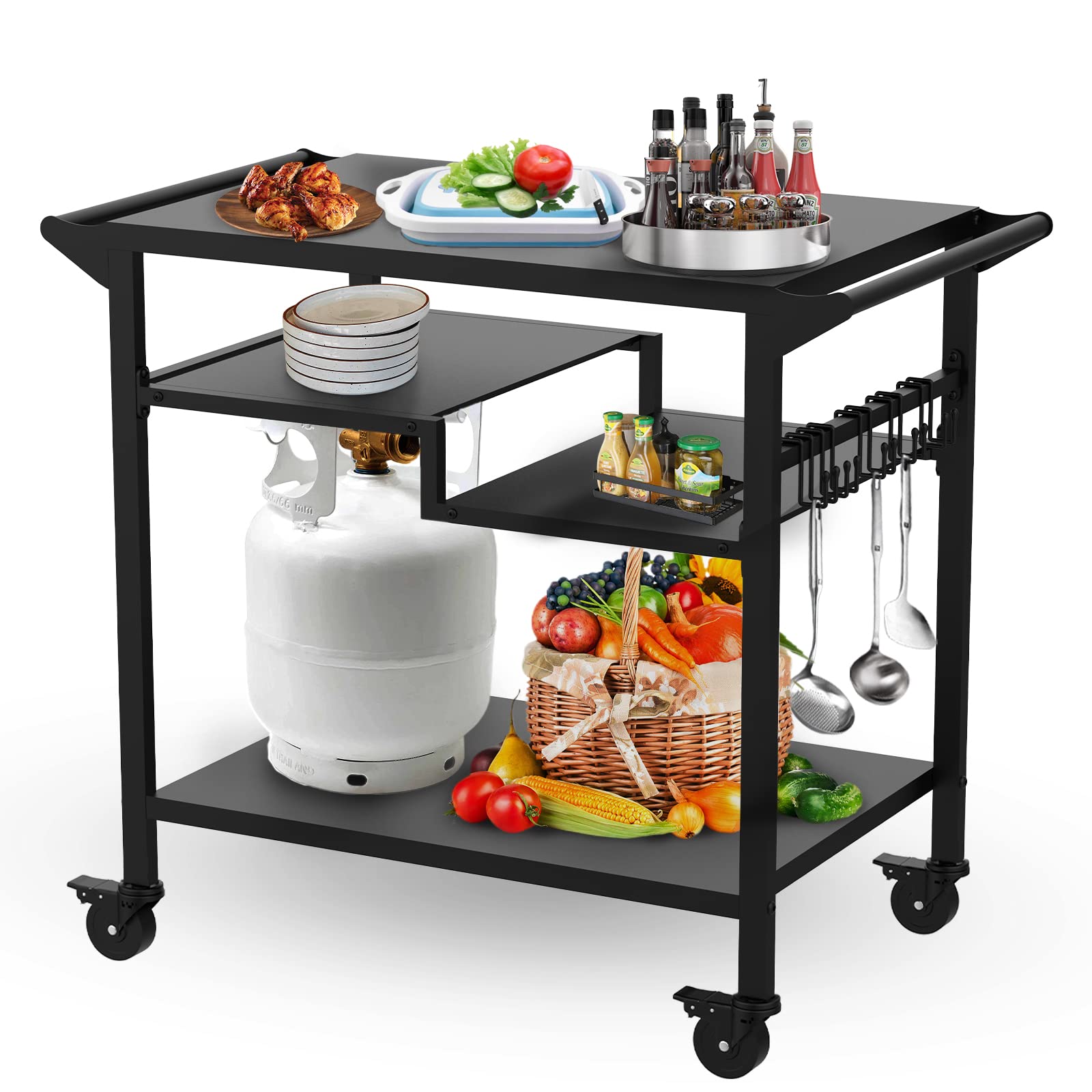 RAXSINYER 20"x 32" Three-Shelf Movable Outdoor Dining Cart Table, Multifunctional Food Prep Table, Outdoor Grill Table with Wheels